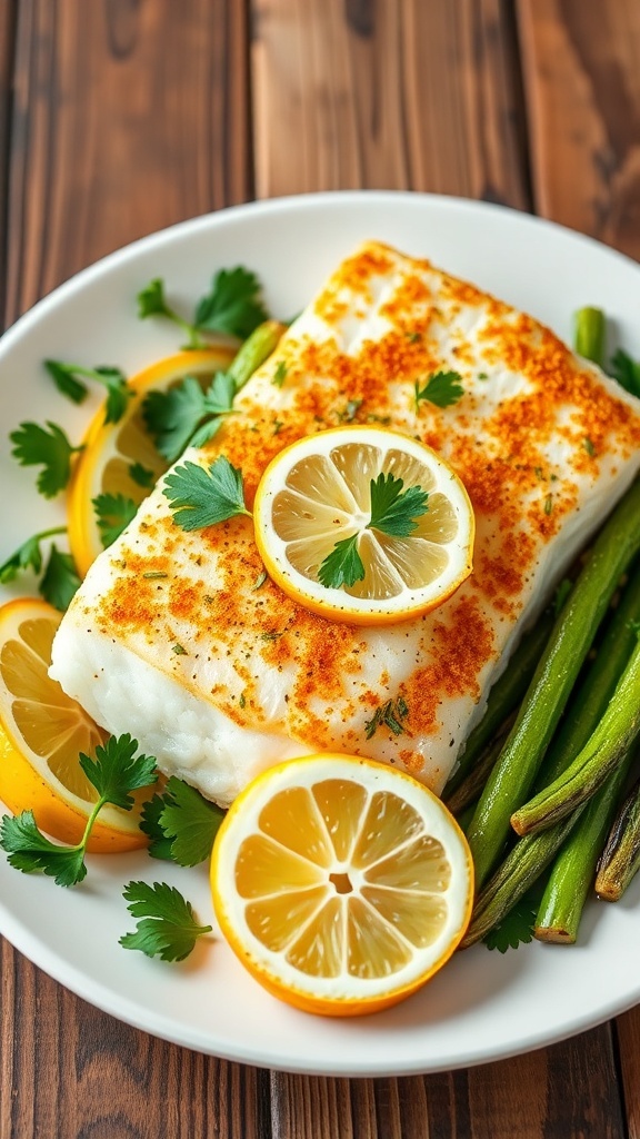 Air fryer baked halibut fillet garnished with parsley and lemon, served with vegetables on a rustic table.